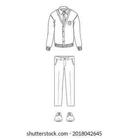 Vector Sketch Set of School Uniform Clothes. Cardigan, Trousers and Shoes.
