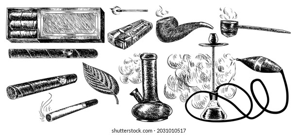 Vector Sketch Set Of Smoking. Bong, Cigarette, Pack Of Cigars, Lighter, Hookah, Tobacco Leaf, Pipe, Vape. Elements Of Leisure And Expensive Entertainment For Advertising.