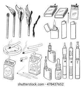 Vector Sketch Set of Smoking and Vaping. Cigarettes, Matches, Lighters and Vapes.