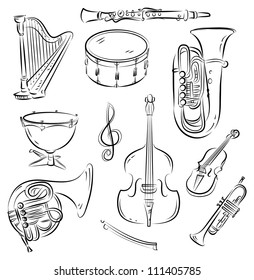 Esbozo vectorial conjunto de instrumentos musicales de la Orquesta Sinfónica