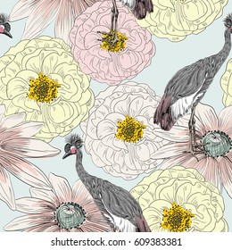 Vector sketch of a shadoof with flowers. Hand drawn seamless pattern