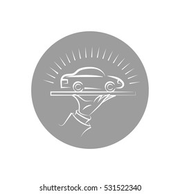 Vector sketch shining car standing on the tray the waiter. It can be used as a logo for delivery vehicles, auto service and auto insurance.
