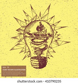 Vector sketch of shiny hand drawn lightbulb. Abstract doodle graphic illustration in line art style with geometric shapes. Image of bulb for print, web, tattoo design, textiles on vintage background