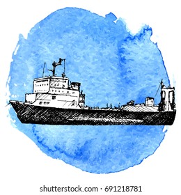 vector sketch of ship at blue watercolor background, hand drawn illustration