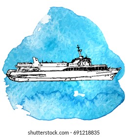 vector sketch of ship at blue watercolor background, hand drawn illustration