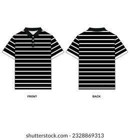 Vector sketch of a short sleeve polo shirt front and back view.  Black polo shirt template with white stripes, vector. 