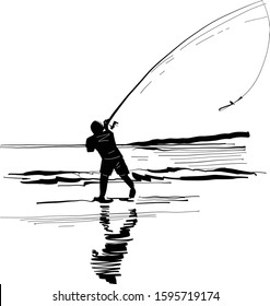 the vector sketch silhouette of the fisherman on the beach