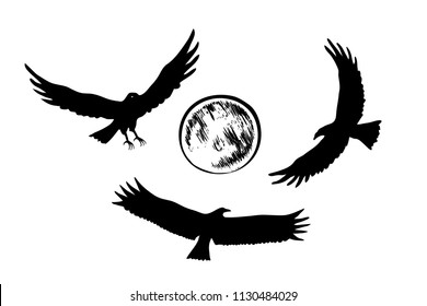 Vector sketch silhouette of flying eagles on the background of the moon.