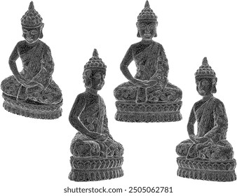 Vector sketch, silhouette illustration, detailed design image of Buddha meditating, meditation, calming the heart