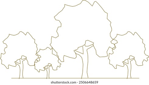 Boceto de Vector, ilustración de silueta, diseño de dibujo detallado, colección de árboles simples únicos abstractos en el bosque con muchas hojas y ramitas para el verdor