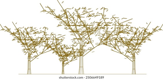 Boceto de Vector, ilustración de silueta, diseño de dibujo detallado, colección de árboles únicos abstractos en el bosque con muchas ramas para el verdor