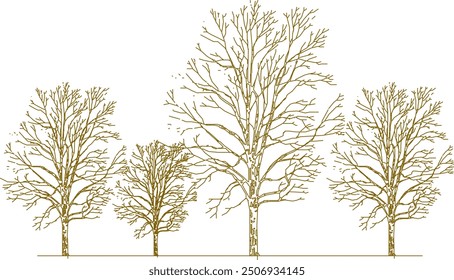 Boceto de Vector, ilustración de silueta, diseño de dibujo detallado, colección de árboles únicos abstractos en el bosque con muchas ramas para el verdor