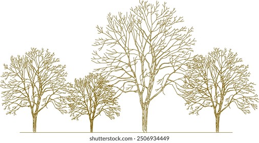 Boceto de Vector, ilustración de silueta, diseño de dibujo detallado, colección de árboles únicos abstractos en el bosque con muchas ramas para el verdor