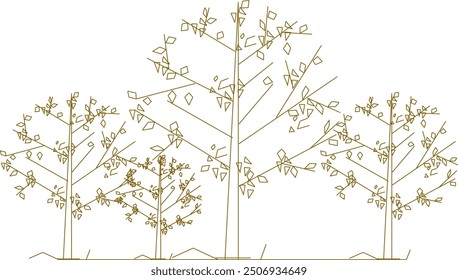 Boceto de Vector, ilustración de silueta, diseño de dibujo detallado, colección de árboles únicos abstractos en el bosque con muchas ramas para el verdor