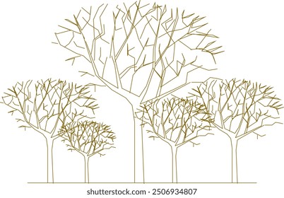 Boceto de Vector, ilustración de silueta, diseño de dibujo detallado, colección de árboles únicos abstractos en el bosque con muchas ramas para el verdor