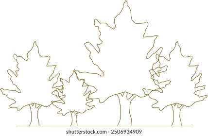 Boceto de Vector, ilustración de silueta, diseño de dibujo detallado, colección de árboles simples únicos abstractos en el bosque con muchas hojas y ramitas para el verdor