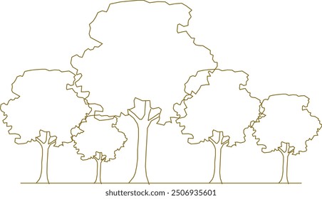 Boceto de Vector, ilustración de silueta, diseño de dibujo detallado, colección de árboles simples únicos abstractos en el bosque con muchas hojas y ramitas para el verdor