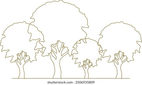 Boceto de Vector, ilustración de silueta, diseño de dibujo detallado, colección de árboles simples únicos abstractos en el bosque con muchas hojas y ramitas para el verdor