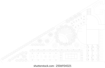 Vector sketch, silhouette illustration, site plan drawing, city park layout with plants and trees