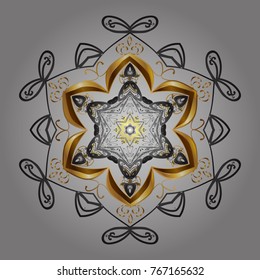 Vector sketch. Silhouette snow flake sign isolated gray, brown and yellow colors. Symbol winter, frozen, Christmas, New Year holiday. Graphic element decoration. Snowflake mosaic icon. Flat design.