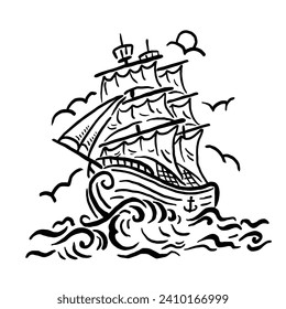 vector sketch of a simple pirate sailing ship with a unique and vintage drawing style