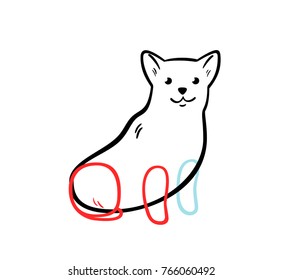 Vector sketch of sitting corgi, isolated on white background.