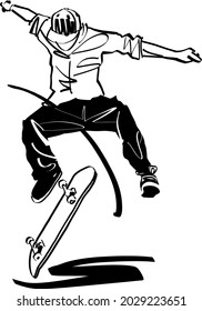 the vector sketch of the skateboarder jumping on a skateboard