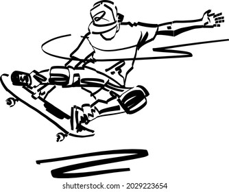 the vector sketch of the skateboarder jumping on a skateboard