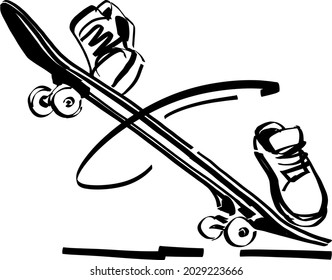 the vector sketch of the skateboarder jumping on a skateboard