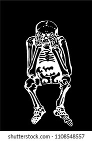 Vector sketch of skeleton sitting isolated on  black  background, graphical tattoo illustration