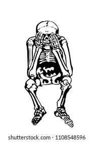 Vector sketch of skeleton sitting isolated on   white  background, graphical tattoo illustration