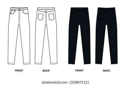 Vector sketch skinny jeans front and back view on white background. Template of white and black skinny jeans with five pockets. Basic model of skinny jeans, vector.