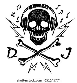 Vector sketch of skull with headphones and cross bones. Lightning and  music notes. The head of a dead DJ.