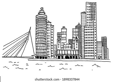 vector sketch of skyline of Rotterdam, Holland, Netherlands, Europe.