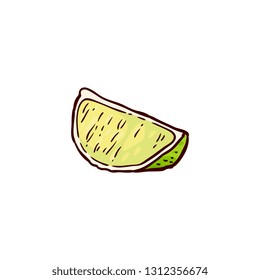 vector sketch slice of ripe lime or lemon, sliced fruit object. Fresh juicy cirtus closeup. Healthy organic food full of vitamins, nutrients. Isolated illustration