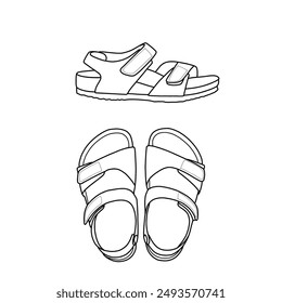 Vector sketch of slingback flat sandal for kids, top and side view. Isolated on a white background