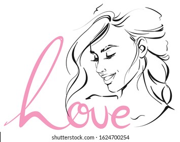 Vector Sketch Of A Smiling Girl With French Braid. Hand-drawn Beautiful Young Woman Portrait And Love Pink Lettering.