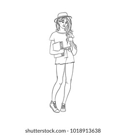 Vector sketch smiling teen student girl holding book, backpack. University, college female character, woman modern summer casual outfit denim shorts hat. Isolated black, white monochrome illustration