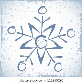 Vector sketch of snowflake on snow-covered background.