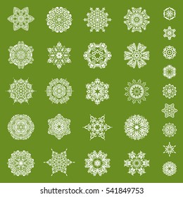 Vector sketch with snowflakes on a green background. Snowflakes set.