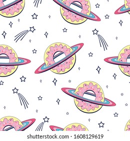 Vector sketch space and donut seamless pattern for girls. Hand-drawing lettering, slogan.