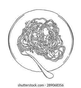 Vector sketch of spagetti plate. Italian food draw. Isolated on white.