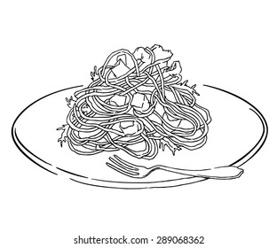 Vector sketch of spagetti plate. Italian food draw. Isolated on white.