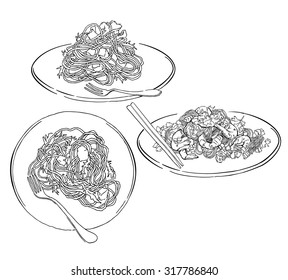 Vector sketch of spaghettii plate. Italian food draw. Isolated on white.