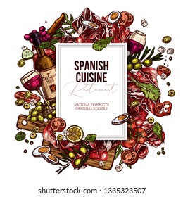 Vector sketch spanish food cuisine dishes background. Mediterranean menu. Colorful hand drawn illustration with meat, wine, jamon, vegetables, salads olive