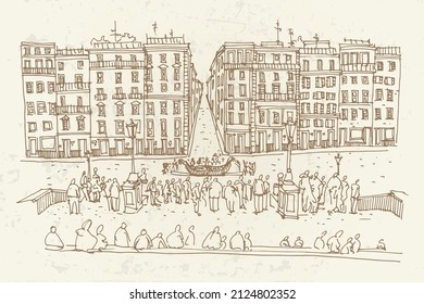 vector sketch of the Spanish Steps in Rome. Artistic retro style.