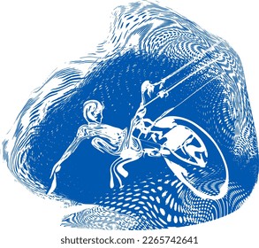 vector sketch splash jump kite surfer on blue ocean water