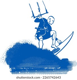 vector sketch splash jump kite surfer on blue ocean water