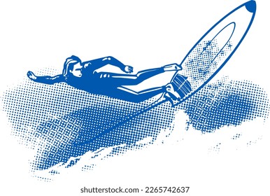 vector sketch splash jump surfer on blue ocean water