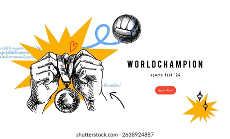 Vector sketch sport background. Collage with medal and ball hand drawn illustration. Poster, certificate, diploma design.